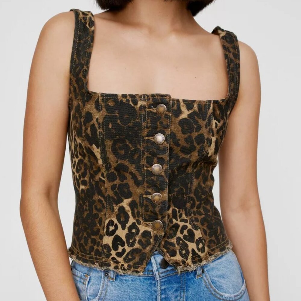 NWT Nasty Gal Denim Leopard Print Corset Top